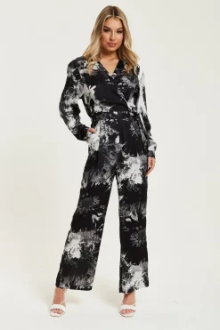 Jumpsuits^Liquorish Mono Abstract Print Jumpsuit With Long Sleeves Multicolour