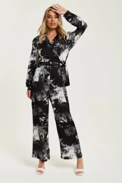 Jumpsuits^Liquorish Mono Abstract Print Jumpsuit With Long Sleeves Multicolour