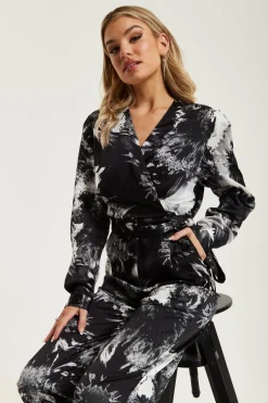 Jumpsuits^Liquorish Mono Abstract Print Jumpsuit With Long Sleeves Multicolour