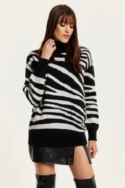 Jumpers^Liquorish Mono Zebra High Neck Jumper Multicolor