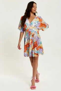 Mini Dresses^Liquorish Multicolour Floral Print Mini Dress With Open Back Multicolor