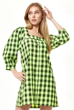 Mini Dresses^Liquorish Neon Gingham Puff Sleeve Dress Green