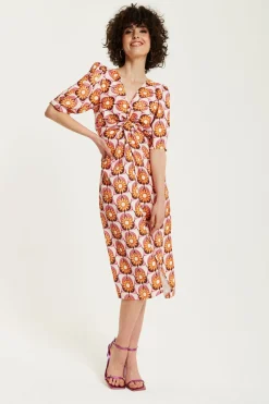 Midi Dresses^Liquorish Orange Floral Knot Front Midi Dress Multicolor