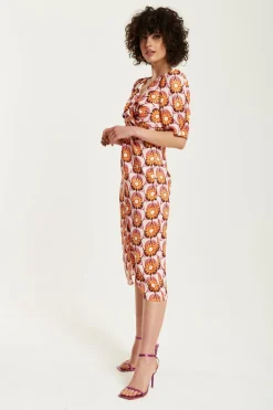 Midi Dresses^Liquorish Orange Floral Knot Front Midi Dress Multicolor