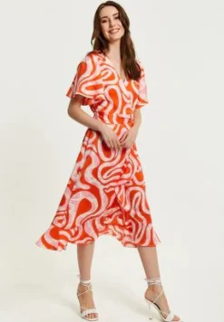 Midi Dresses^Liquorish Pink And Red Abstract Print Midi Wrap Dress Multicolor