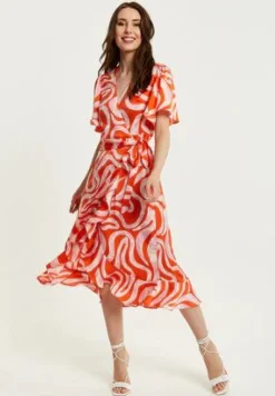 Midi Dresses^Liquorish Pink And Red Abstract Print Midi Wrap Dress Multicolor