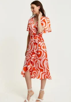 Midi Dresses^Liquorish Pink And Red Abstract Print Midi Wrap Dress Multicolor