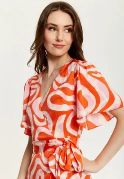 Midi Dresses^Liquorish Pink And Red Abstract Print Midi Wrap Dress Multicolor