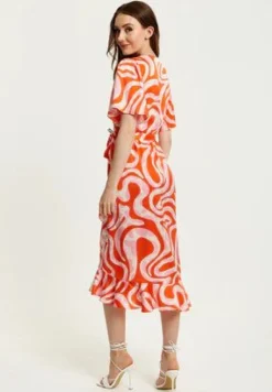 Midi Dresses^Liquorish Pink And Red Abstract Print Midi Wrap Dress Multicolor