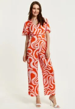 Jumpsuits^Liquorish Pink And Red Abstract Print Jumpsuit With Short Sleeves Multicolor