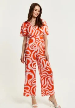 Jumpsuits^Liquorish Pink And Red Abstract Print Jumpsuit With Short Sleeves Multicolor