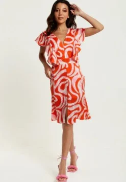 Midi Dresses^Liquorish Pink And Red Abstract Print Midi Dress With Frill Details Multicolor