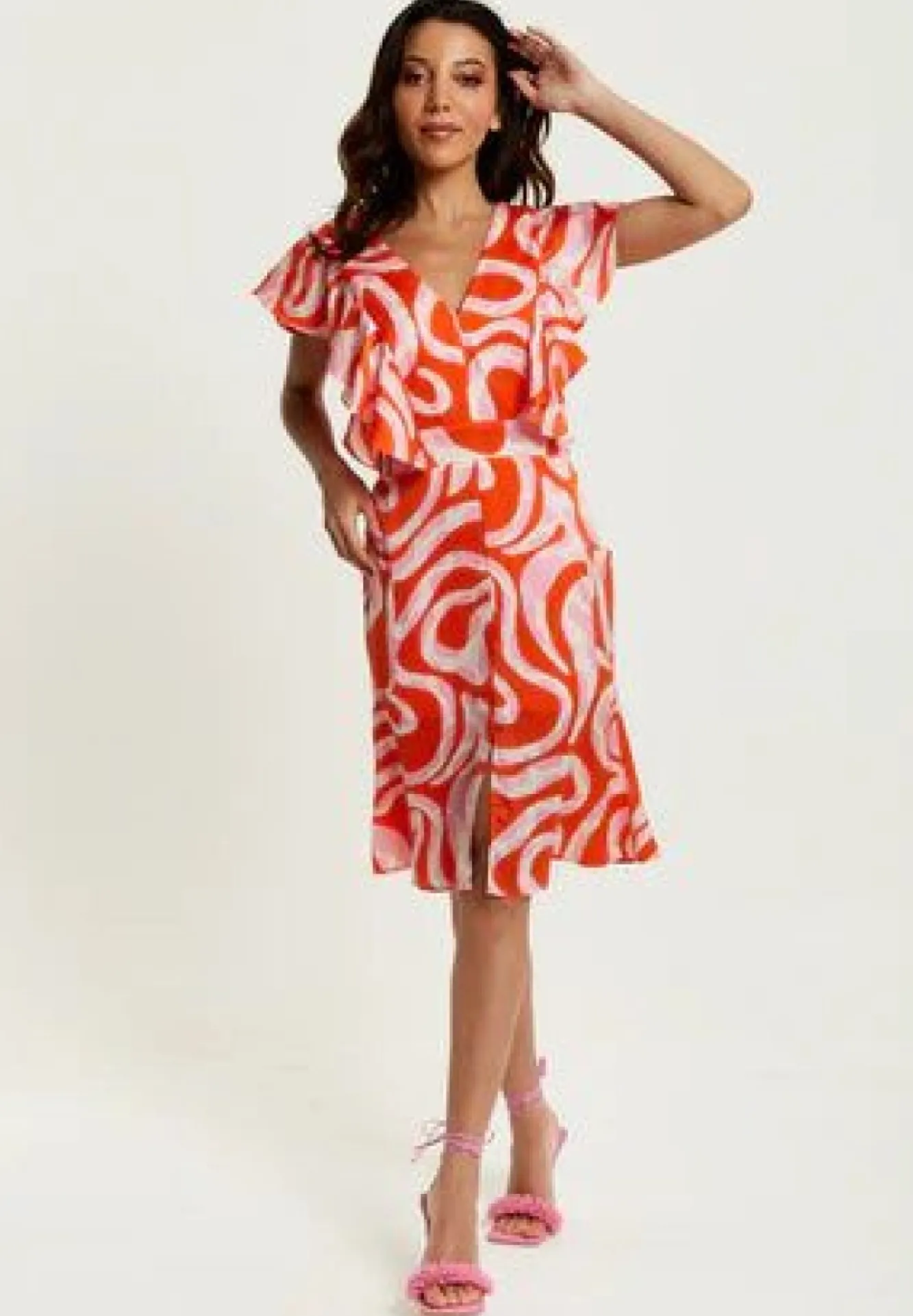 Midi Dresses^Liquorish Pink And Red Abstract Print Midi Dress With Frill Details Multicolor