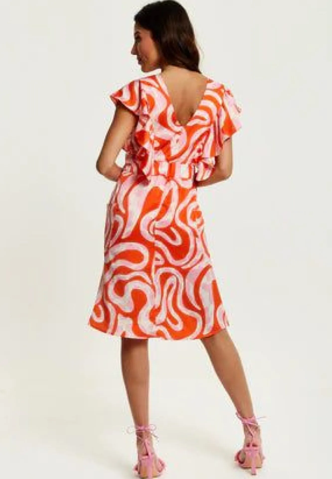 Midi Dresses^Liquorish Pink And Red Abstract Print Midi Dress With Frill Details Multicolor