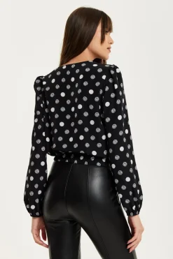 Blouses^Liquorish Polka Dot Print Wrap Top In Black