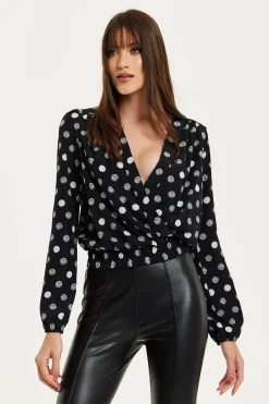 Blouses^Liquorish Polka Dot Print Wrap Top In Black