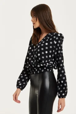 Blouses^Liquorish Polka Dot Print Wrap Top In Black