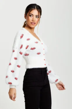 Cardigans^Liquorish Red Lip Pattern Fluffy Cardigan In White