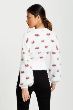 Cardigans^Liquorish Red Lip Pattern Fluffy Cardigan In White