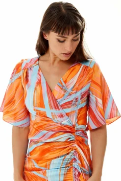 Midi Dresses^Liquorish Rouching Abstract Brush Stroke Print Midi Dress Orange