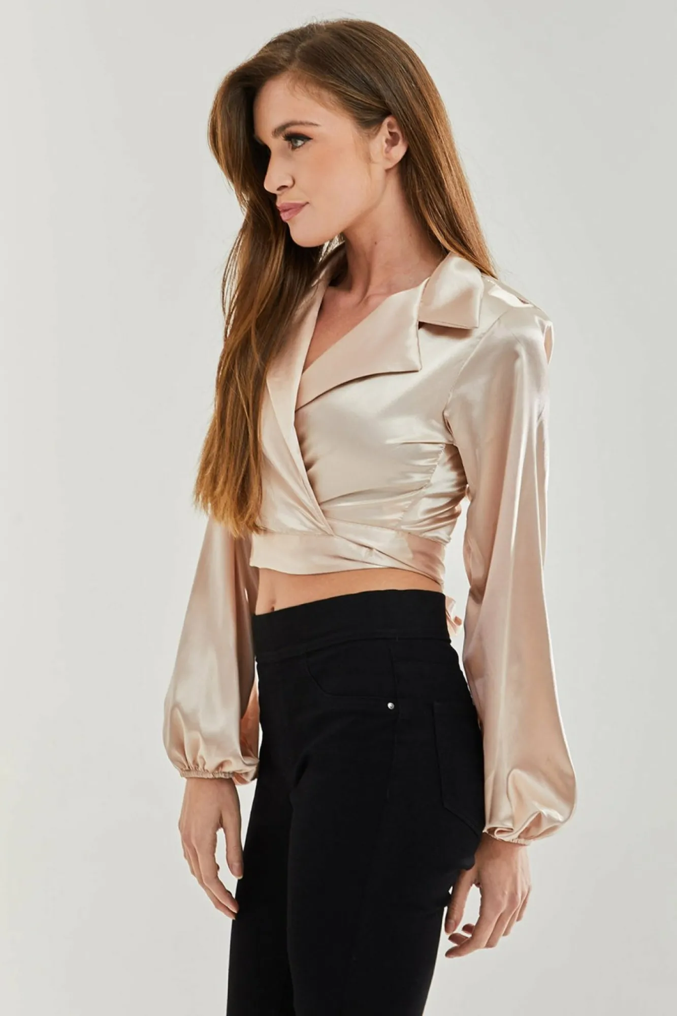 Blouses^Liquorish Satin Wrap Top In Cream