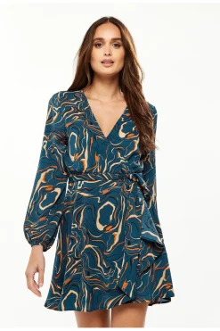 Mini Dresses^Liquorish Scribble Print Mini Wrap Dress With Long Sleeves Green