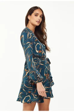 Mini Dresses^Liquorish Scribble Print Mini Wrap Dress With Long Sleeves Green