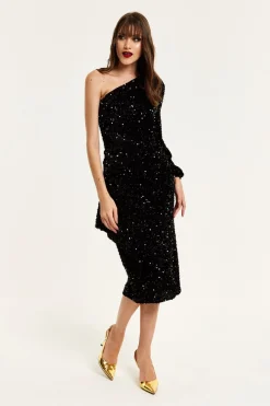 Midi Dresses^Liquorish Sequin Velvet One Shoulder Midi Dress Black