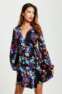 Mini Dresses^Liquorish Speckle Floral Print Mini Wrap Dress Multicolour