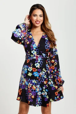 Mini Dresses^Liquorish Speckle Floral Print Mini Wrap Dress Multicolour