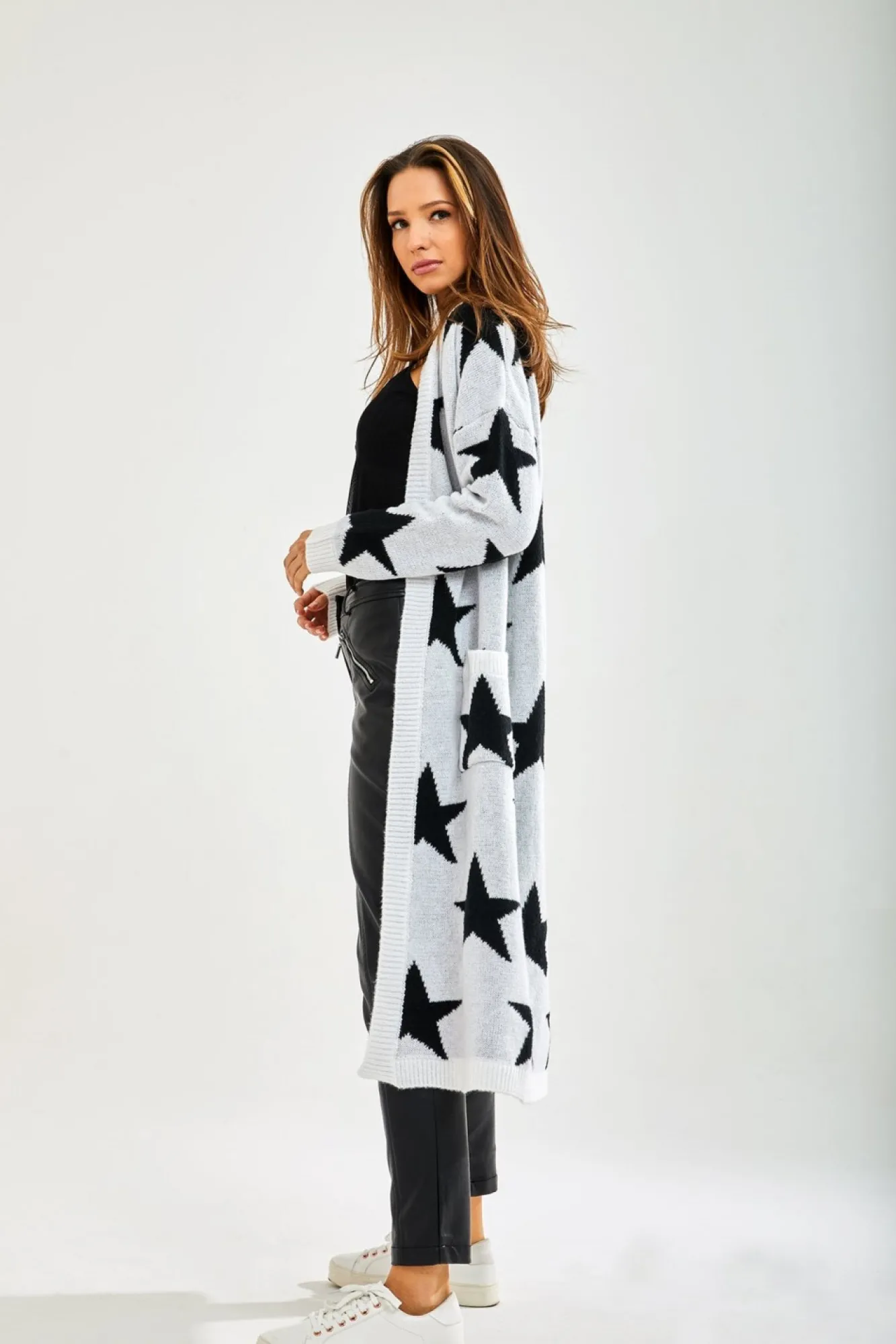Cardigans^Liquorish Star Pattern Long Cardigan In White