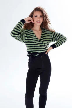 Cardigans^Liquorish Striped Wrap-Around Cardigan In Black Green
