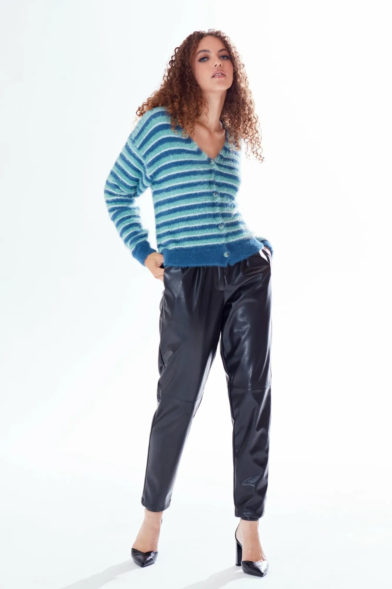 Jumpers^Liquorish Texture Stripe Cardigan Blue Turquoise White Tones Multicolor