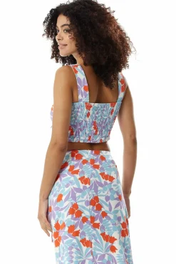 Crop Tops^Liquorish Tie Front Floral Print Crop Top In Blue And Red Bluered