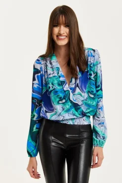 Blouses^Liquorish Turquoise Marble Print Wrap Top Blue
