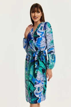Midi Dresses^Liquorish Turquoise Marble Print Midi Wrap Dress Blue