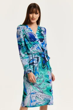 Midi Dresses^Liquorish Turquoise Marble Print Midi Wrap Dress Blue