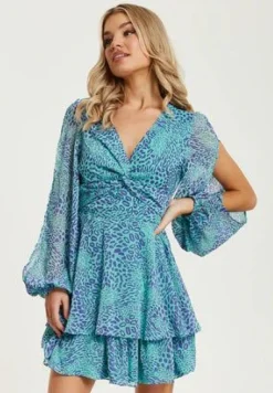 Mini Dresses^Liquorish V-Neck Leopard Print Knot Front Mini Dress Blue