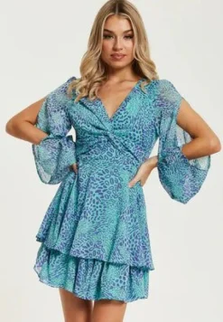 Mini Dresses^Liquorish V-Neck Leopard Print Knot Front Mini Dress Blue