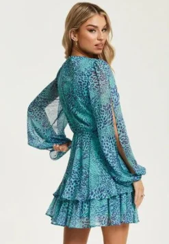Mini Dresses^Liquorish V-Neck Leopard Print Knot Front Mini Dress Blue
