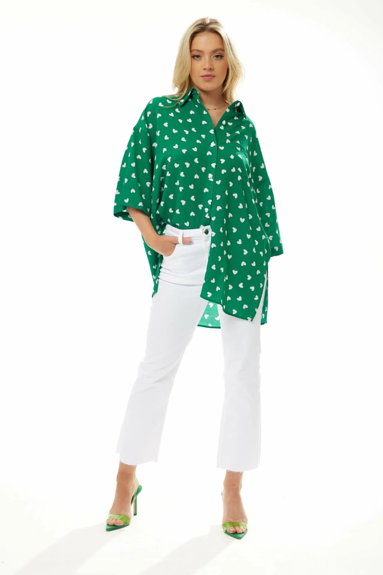 Blouses^Liquorish White Heart Print Shirt In Green