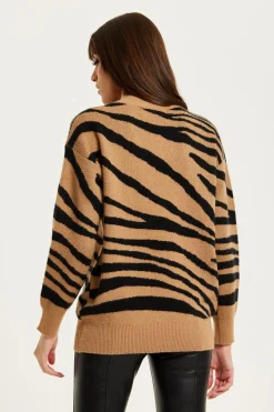 Jumpers^Liquorish Zebra Pattern High Neck Jumper In And Black Brown