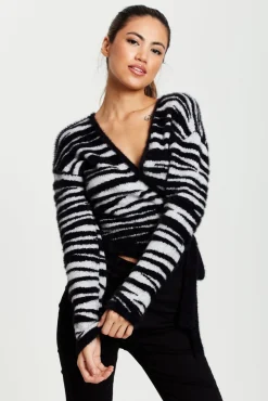 Cardigans^Liquorish Zebra Pattern Wrap Cardigan In Black And White Blackwhite