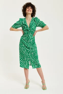 Midi Dresses^Liquorish Zebra Print Knot Front Midi Dress Green