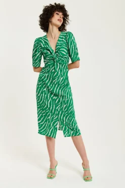 Midi Dresses^Liquorish Zebra Print Knot Front Midi Dress Green