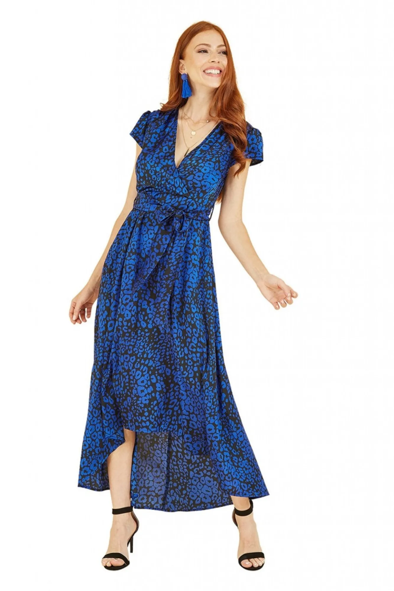 Midi Dresses^Mela London Animal Print Dip Hem Midi Wrap Dress Blue