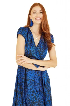 Midi Dresses^Mela London Animal Print Dip Hem Midi Wrap Dress Blue