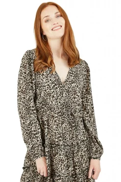 Mini Dresses^Mela London Animal Tiered Wrap Dress Brown