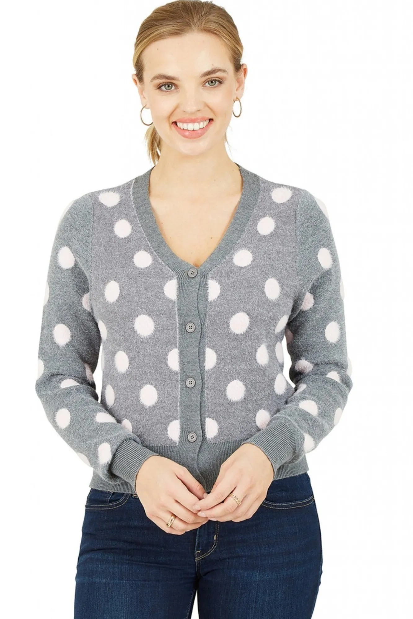 Cardigans^Mela London Buttoned Down Spot Cardigan Grey