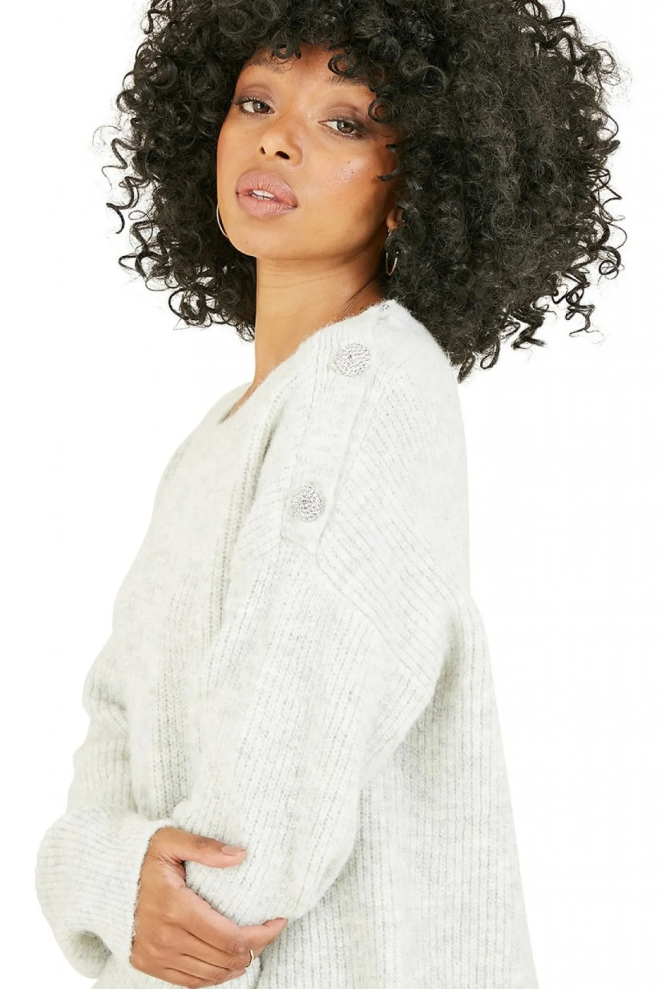 Jumpers^Mela London Diamante Button Knitted Jumper Grey
